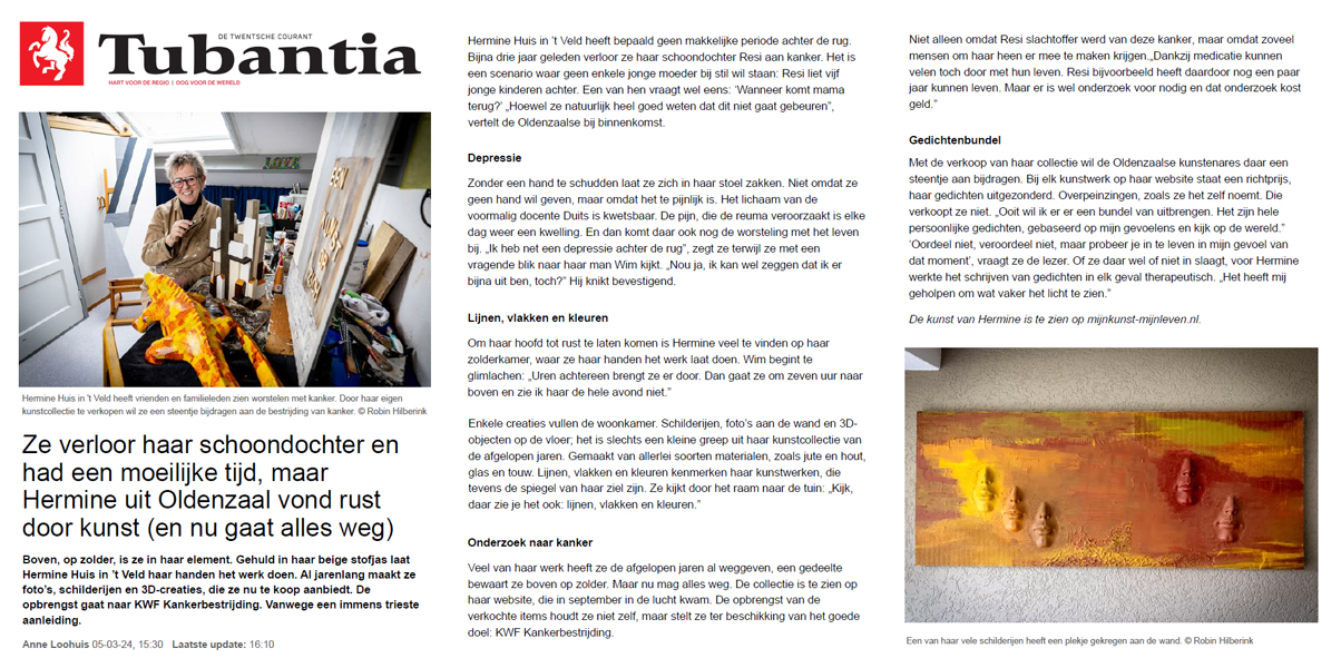 Artikel Tubantia over kunstverkoop voor KWF door kunstenares Hermine Huis in 't Veld uit Oldenzaal - maart 2024