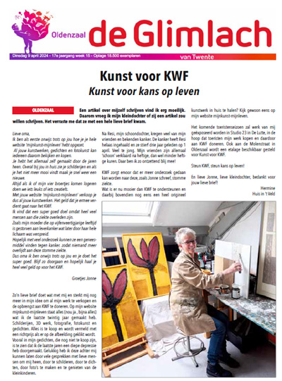 Kunst voor KWF - Brief Hermine Huis in 't Veld  in Oldenzaal - De Glimlach van Twente